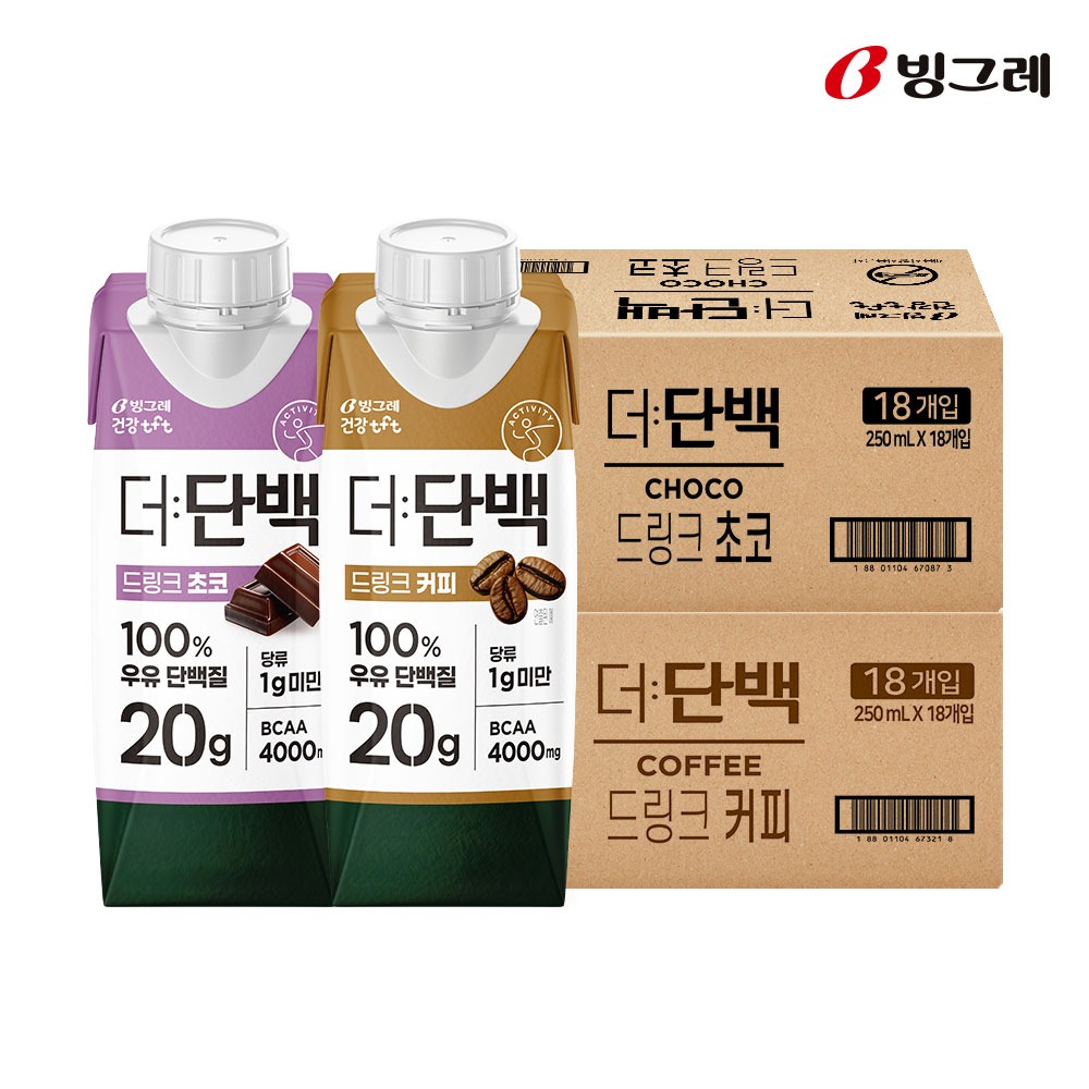 빙그레 더단백 프로틴음료 단백질 드링크 250ml 초코맛 18팩 + 커피맛 18팩 제품 이미지